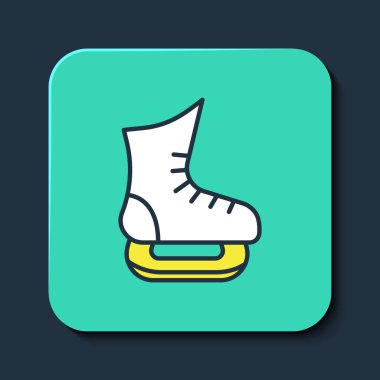 Doldurulmuş ana hatlı paten simgesi mavi arkaplanda izole edildi. Buz pateni ayakkabısı ikonu. Kılıçlı spor botlar. Turkuaz kare düğme. Vektör