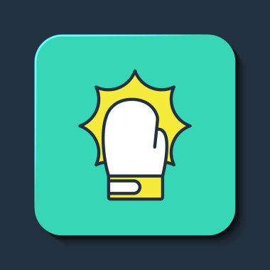 Mavi arka planda izole edilmiş boks eldivenli yumruk simgesi. Boks eldivenleri patlayıcıyla birbirine çarpıyor. Turkuaz kare düğme. Vektör