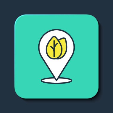 Mavi arkaplanda izole edilmiş, içerideki yaprak ile ana hatlı lokasyon iğnesi. İşaret bırakıyor. Taze doğal ürün sembolü. Turkuaz kare düğme. Vektör