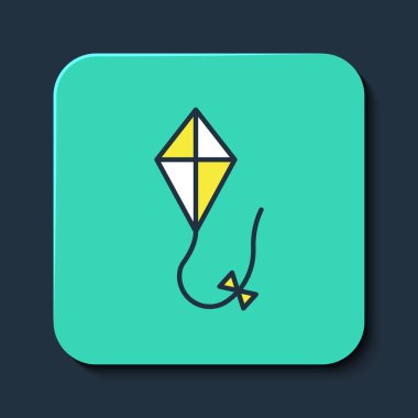 Doldurulmuş Kite simgesi mavi arkaplanda izole edildi. Turkuaz kare düğme. Vektör