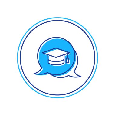 Beyaz arkaplanda izole edilmiş konuşma baloncuğu simgesinde özet doldurulmuş. Tassel ikonlu mezuniyet şapkası. Vektör