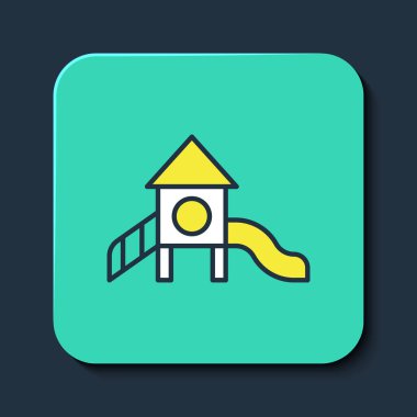 Doldurulmuş ana hatlı Slayt oyun alanı simgesi mavi arkaplanda izole edildi. Çocuklar kayar. Turkuaz kare düğme. Vektör