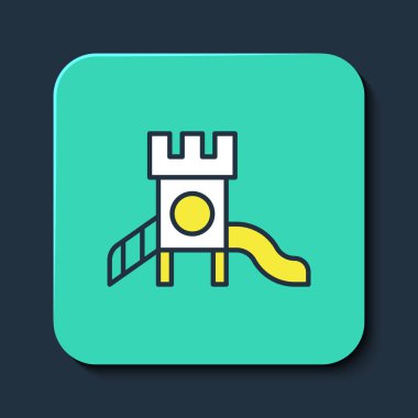 Doldurulmuş ana hatlı Slayt oyun alanı simgesi mavi arkaplanda izole edildi. Çocuklar kayar. Turkuaz kare düğme. Vektör