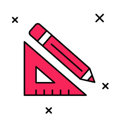 Beyaz arkaplanda izole edilmiş üçgen cetvel ve kalem simgesi dolduruldu. Düz sembol. Çizim ve eğitim araçları. Vektör