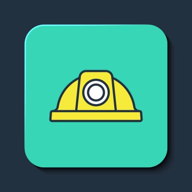 Taslak çizili İşçi Kaskı simgesi mavi arkaplanda izole edildi. Turkuaz kare düğme. Vektör