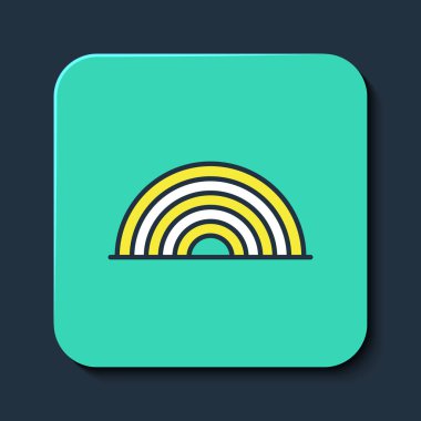 Gökkuşağı simgesi mavi arkaplanda izole edildi. Aziz Patrick gününüz kutlu olsun. Ulusal İrlanda bayramı. Turkuaz kare düğme. Vektör