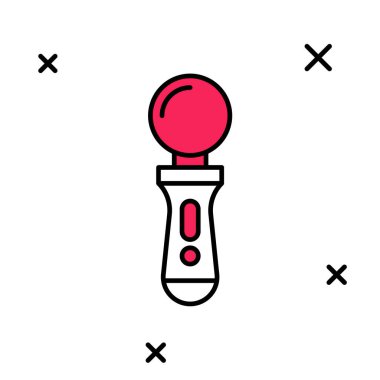 Doldurulmuş VR denetleyici oyun simgesi beyaz arkaplanda izole edildi. Sanal gerçeklik deneyimi, mevcudiyet hissi, konum takip teknolojisi cihazı. Vektör