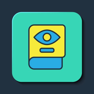 Eskiler 'in sihirli kitabının ana hatlarını simya tarifleri ve mavi arka planda izole edilmiş mistik büyüler ve büyüler ile doldurdum. Turkuaz kare düğme. Vektör