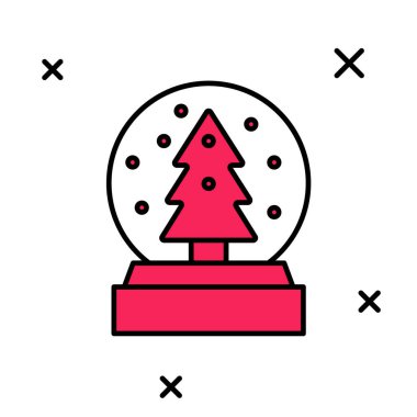 Yılbaşı kar küresinin ana hatlarıyla dolu. Beyaz arka planda izole edilmiş kar ve Noel ağacı ikonu var. Mutlu Noeller ve mutlu yıllar. Vektör