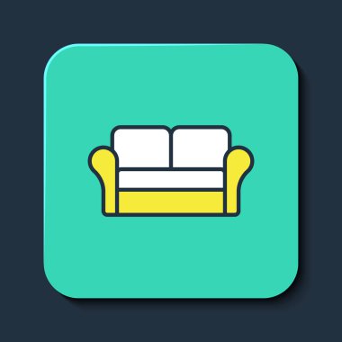 Doldurulmuş Kanepe simgesi mavi arkaplanda izole edildi. Turkuaz kare düğme. Vektör