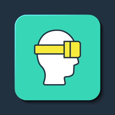 Doldurulmuş Sanal gerçeklik gözlüğü simgesi mavi arkaplanda izole edilmiş. Stereoskopik 3D VR maskesi. Optik baş monte edildi. Turkuaz kare düğme. Vektör