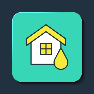 Ana hatları doldurulmuş ev sel ikonu mavi arka planda izole edilmiş. Suyun altındaki evi sel basıyor. Sigorta konsepti. Güvenlik, güvenlik, koruma, konsept koruma. Turkuaz kare düğme. Vektör