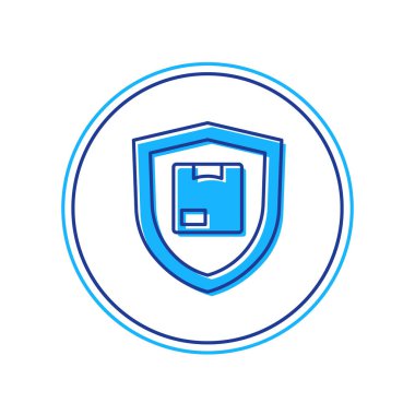 Taslak teslimat güvenliği beyaz arka planda izole edilmiş kalkan ikonu ile doldurulmuş. Teslimat sigortası. Kalkanın ötesinde sigorta kutuları var. Vektör