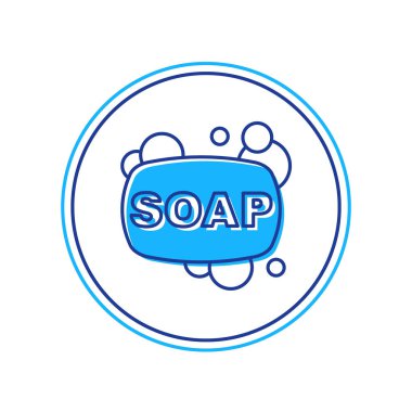 Beyaz arkaplanda izole edilmiş ana hatlı sabun simgesi. Köpüklü sabun çubuğu. Vektör