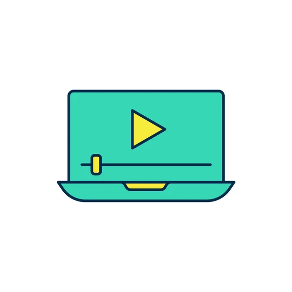 Gefüllte Umrisse Online spielen Video-Symbol isoliert auf weißem Hintergrund. Laptop und Filmstreifen mit Spielschild. Vektor — Stockvektor