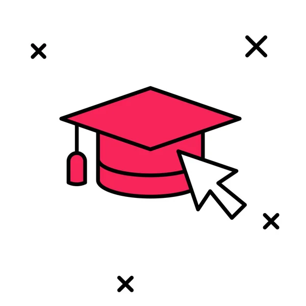 Esquema rellenado Tapa de graduación con icono del cursor aislado sobre fondo blanco. Símbolo de educación mundial. Concepto de aprendizaje en línea o aprendizaje electrónico. Vector — Vector de stock