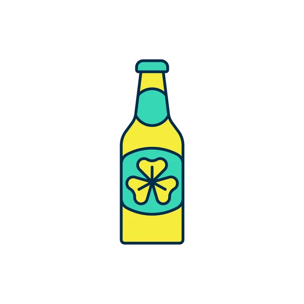 Contour rempli Bouteille de bière avec trèfle feuille icône isolée sur fond blanc. Joyeuse Saint Patricks. Fête nationale irlandaise. Vecteur — Image vectorielle