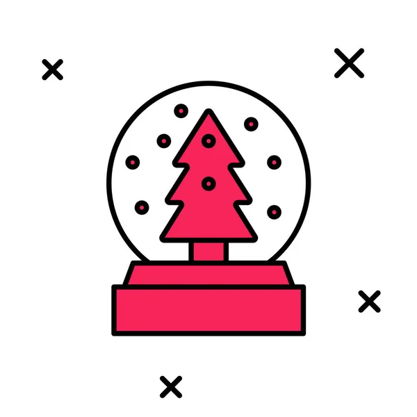 Γεμάτη περίγραμμα Χριστουγεννιάτικη χιονόμπαλα με πεσμένο χιόνι και χριστουγεννιάτικο δέντρο εικονίδιο που απομονώνονται σε λευκό φόντο. Καλά Χριστούγεννα και Καλή Χρονιά. Διάνυσμα — Διανυσματικό Αρχείο
