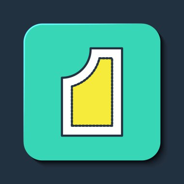 Doldurulmuş ana hatlı dikiş şablonu simgesi mavi arkaplanda izole edildi. Dikiş için işaretler. Turkuaz kare düğme. Vektör