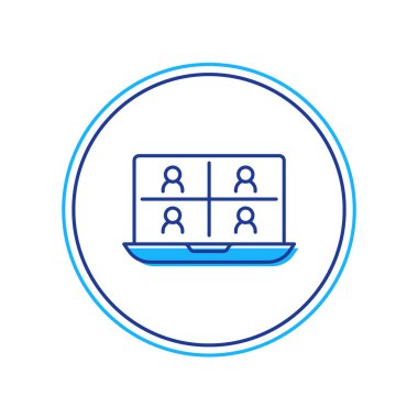 Beyaz arkaplanda izole edilmiş ana hatlı görüntülü sohbet ikonu. Çevrimiçi iş görüşmesi formu. Uzak proje yönetimi. Vektör