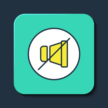 Mavi arkaplanda izole edilmiş ana hatlı Dilsiz mikrofon simgesi. Mikrofon sesi kapatıldı. Turkuaz kare düğme. Vektör