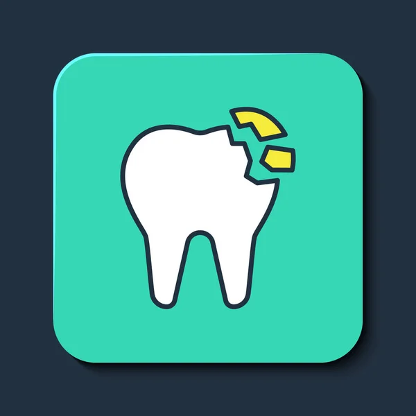 Vyplněný obrys Zlomený zub ikona izolované na modrém pozadí. Ikona zubního problému. Symbol zubní péče. Tyrkysové čtvercové tlačítko. Vektor — Stockový vektor