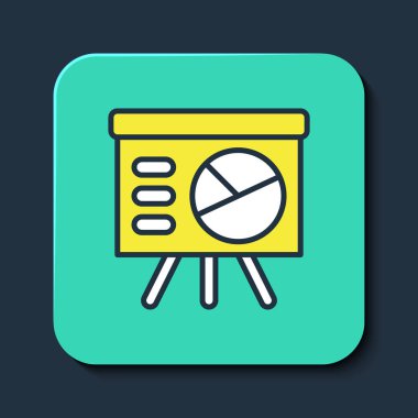 Taslak sunum finans yönetim kurulunu grafik, çizelge, grafik, diyagram, bilgi grafiği ve turta grafik ikonu ile doldurdum. Turkuaz kare düğme. Vektör