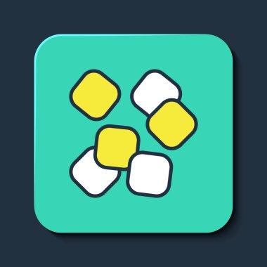 Doldurulmuş küp şeker ikonu mavi arkaplanda izole edilmiş. Tatlı, besleyici, lezzetli. Rafine şeker. Turkuaz kare düğme. Vektör