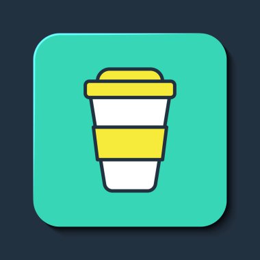 Mavi arka planda izole edilmiş bir kahve bardağını doldurdum. Turkuaz kare düğme. Vektör