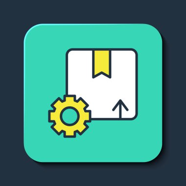 Mavi arkaplanda izole edilmiş paket kutusu simgesi ile ana hatlı şanzıman çarkı dolduruldu. Kutu, paket, paket işareti. Teslimat ve ambalaj. Turkuaz kare düğme. Vektör