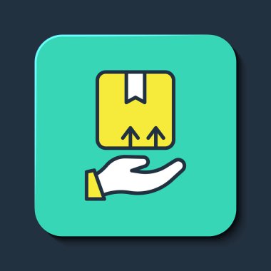 Mavi arkaplanda izole edilmiş karton kutu simgesiyle ana hatları doldurulmuş teslimat eli. Kuryeyle kapı kapı dolaşacağız. Turkuaz kare düğme. Vektör