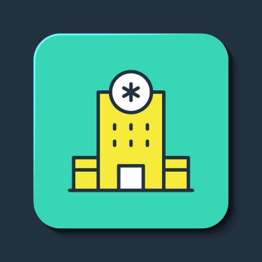 Tıbbî hastane binasında mavi arka planda çapraz ikon izole edilmiş. Tıp merkezi. Sağlık hizmetleri. Turkuaz kare düğme. Vektör