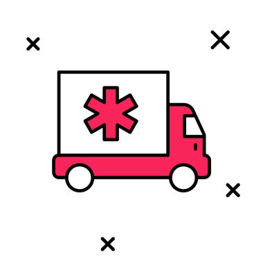 Ana hatları doldurulmuş ambulans ve acil durum arabası simgesi beyaz arka planda izole edilmiş. Ambulans aracı tıbbi tahliye. Vektör
