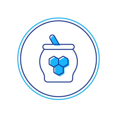 Beyaz arkaplanda izole edilmiş bal kavanozu ve ballı şeker çubuğu ikonu. Yiyecek bankası. Tatlı doğal gıda sembolü. Tatlı kepçe. Vektör