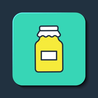 Mavi arkaplanda izole edilmiş bal ikonu ana hatlarıyla dolu kavanoz. Yiyecek bankası. Tatlı doğal gıda sembolü. Turkuaz kare düğme. Vektör