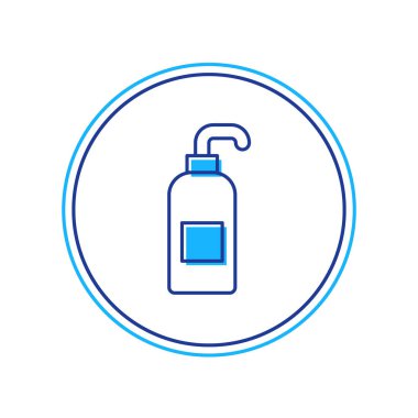 Beyaz arka planda izole edilmiş sıvı antibakteriyel sabun ve şeker ikonu ana hatlarıyla doldurulmuş. Antiseptik. Dezenfeksiyon, hijyen, cilt bakımı. Vektör