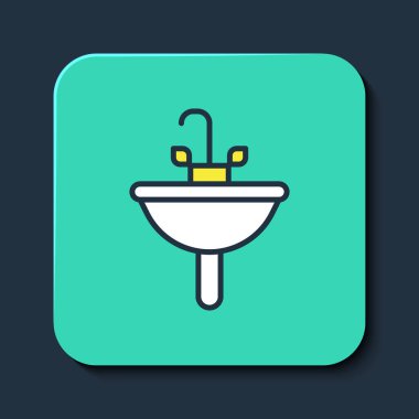 Çamaşır leğeni mavi arka planda izole edilmiş su musluğu simgesiyle dolu. Turkuaz kare düğme. Vektör