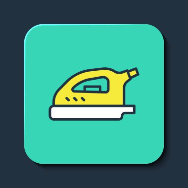Mavi arka planda izole edilmiş elektrik direği simgesi. Buhar ütüsü. Turkuaz kare düğme. Vektör