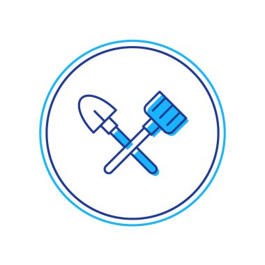 Kürek ve tırmık simgesi beyaz arkaplanda izole edildi. Bahçecilik, tarım, bahçıvanlık, çiftçilik aletleri. Toprak işçisi. Vektör