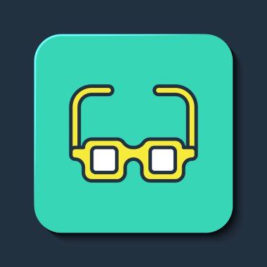 Doldurulmuş Gözlük simgesi mavi arkaplanda izole edildi. Gözlük çerçevesi sembolü. Turkuaz kare düğme. Vektör
