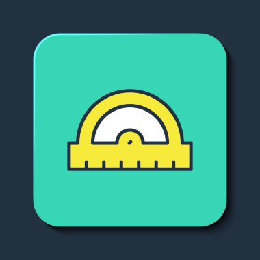 Mavi arkaplanda izole edilmiş derece simgesini ölçmek için ana hatlar oluşturuldu. Eğim ölçer. Ölçme aleti. Geometrik sembol. Turkuaz kare düğme. Vektör