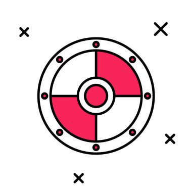 Beyaz arka planda izole edilmiş yuvarlak ahşap kalkan simgesi. Güvenlik, güvenlik, koruma, mahremiyet, koruma kavramı. Vektör