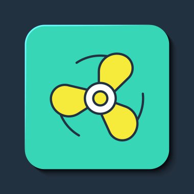 Ana hatlı tekne pervanesi, türbin simgesi mavi arkaplanda izole edilmiş. Turkuaz kare düğme. Vektör