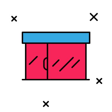 Doldurulmuş ana hatlı alışveriş binası veya market simgesi beyaz arka planda izole edilmiş. Dükkan inşaatı. Vektör