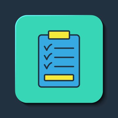 Mavi arkaplanda izole edilmiş kontrol listesi simgesiyle doldurulmuş pano. Kontrol listesi sembolü. Anket anketi ya da anket geri bildirim formu. Turkuaz kare düğme. Vektör