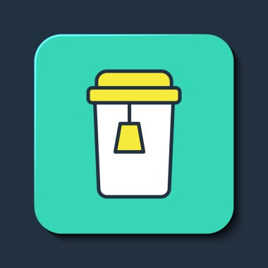 Mavi arka planda izole edilmiş bir fincan çay ikonu. Turkuaz kare düğme. Vektör