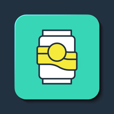 Doldurulmuş Soda kutusu simgesi mavi arkaplanda izole edildi. Turkuaz kare düğme. Vektör