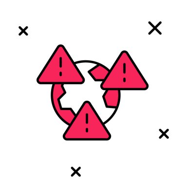 Yeryüzü gezegeninin ana hatlarıyla doldurulmuş beyaz arkaplanda izole edilmiş ünlem işareti simgesi. Global Earth, ünlem tehlike işareti. Vektör