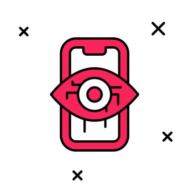 Doldurulmuş ana hatlı Bilgisayar görme simgesi beyaz arkaplanda izole edildi. Teknik görüş, göz devresi, video izleme sistemi, artırılmış gerçeklik sistemleri. Vektör