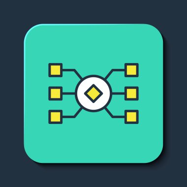 Mavi arkaplanda nöral ağ simgesi izole edildi. Yapay zeka yapay zekası. Turkuaz kare düğme. Vektör